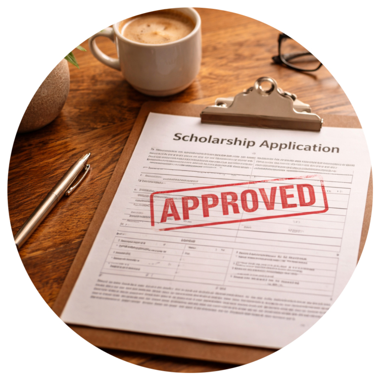 Scholarship application approved on a desk with official paperwork